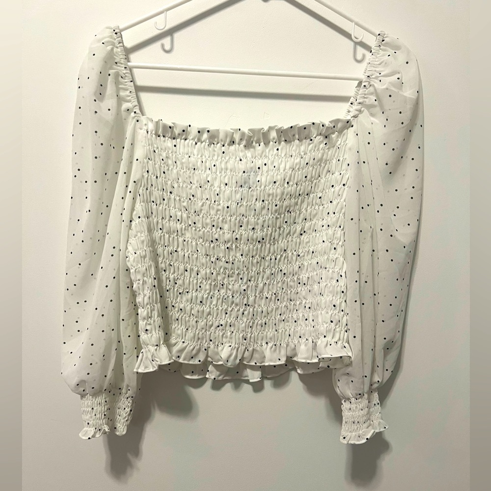 Smocked Black and White Polka Dot Top Size M